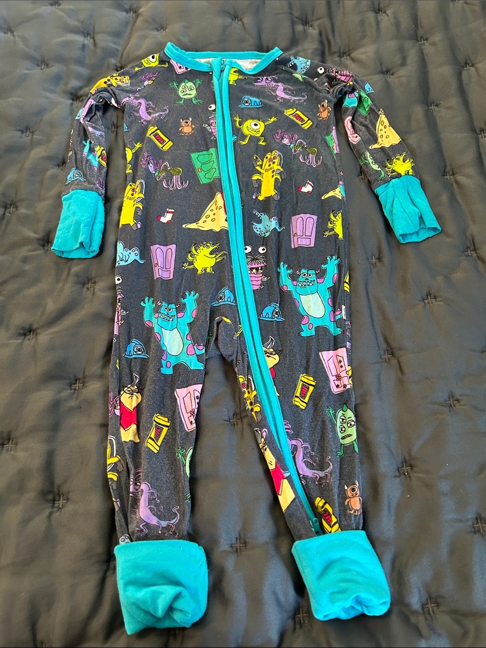 Little Sleepies Multicolor Monster Print Footed One-Piece with Teal Trim